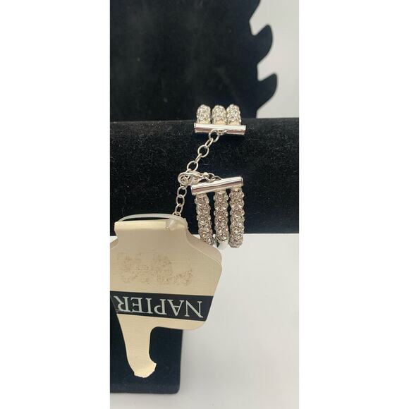 NWT NAPIER Sparkly Silver Tone 3 Row Layered Bangle Bracelet Adjustable Signed - Picture 2 of 6